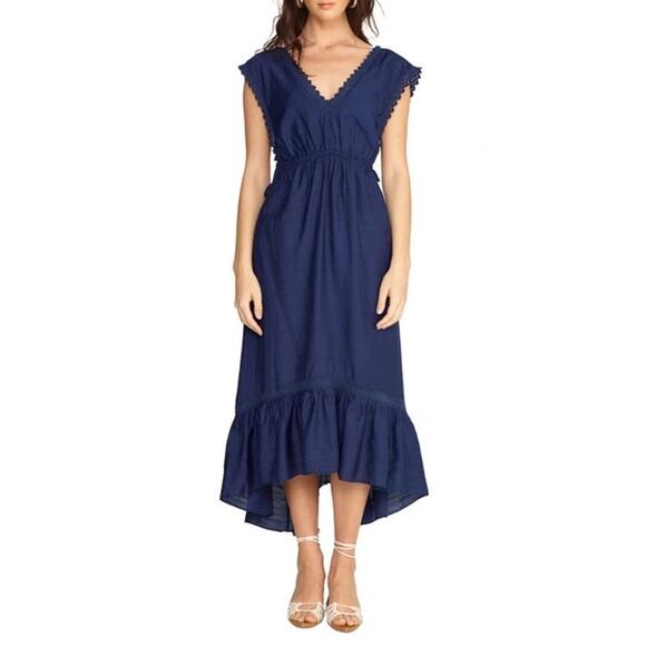 Lush Navy Blue Lace Trim Gauze V-Neck High-Low Sleeveless Midi Dress Large - Picture 1 of 14